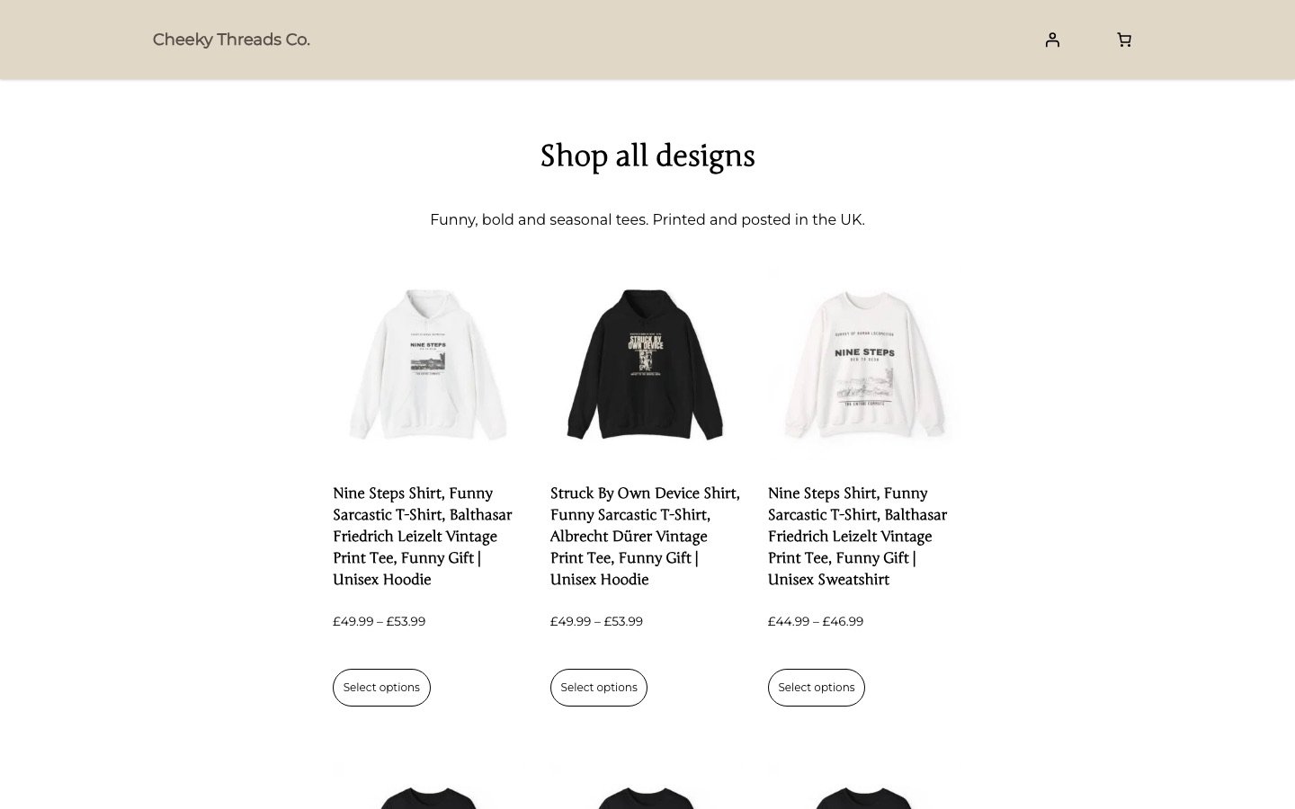 The Cheeky Threads online shop showing hoodies and sweatshirts